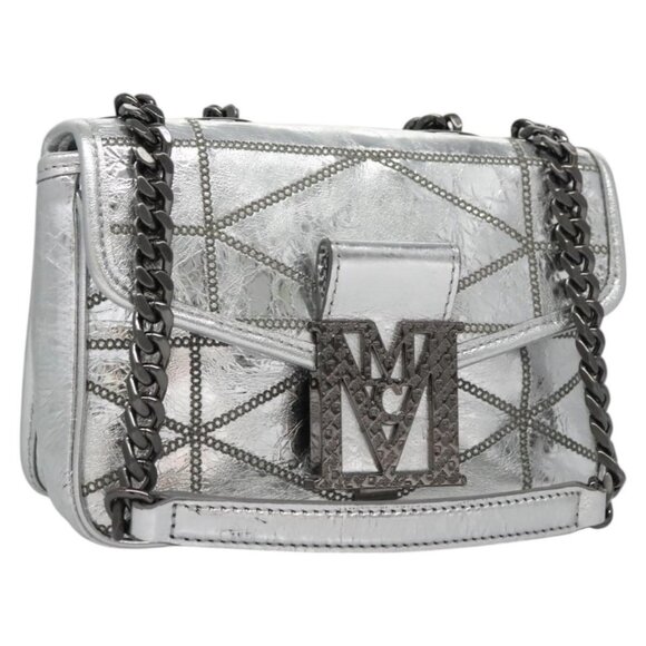 MCM Chain Shoulder Bag Leather Silver Auth